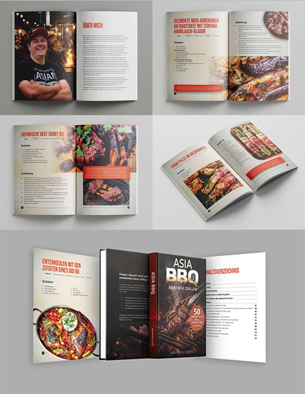 A professional cookbook interior and cover design mockup by AR. Graphics, showing multiple open spreads, recipe layouts, and a 3D cover of the 'Asia BBQ' recipe book.