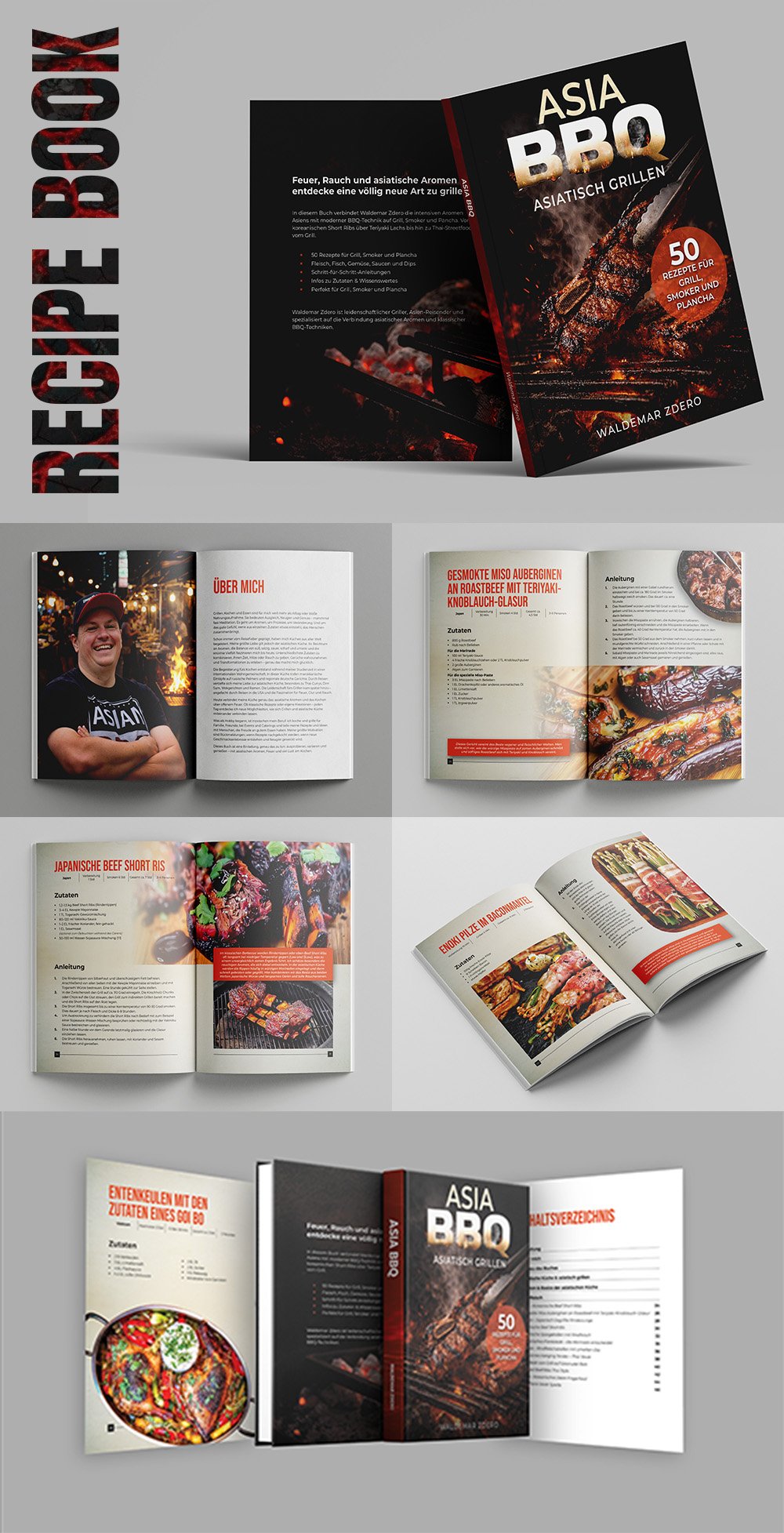 A professional cookbook interior and cover design mockup by AR. Graphics, showing multiple open spreads, recipe layouts, and a 3D cover of the 'Asia BBQ' recipe book.