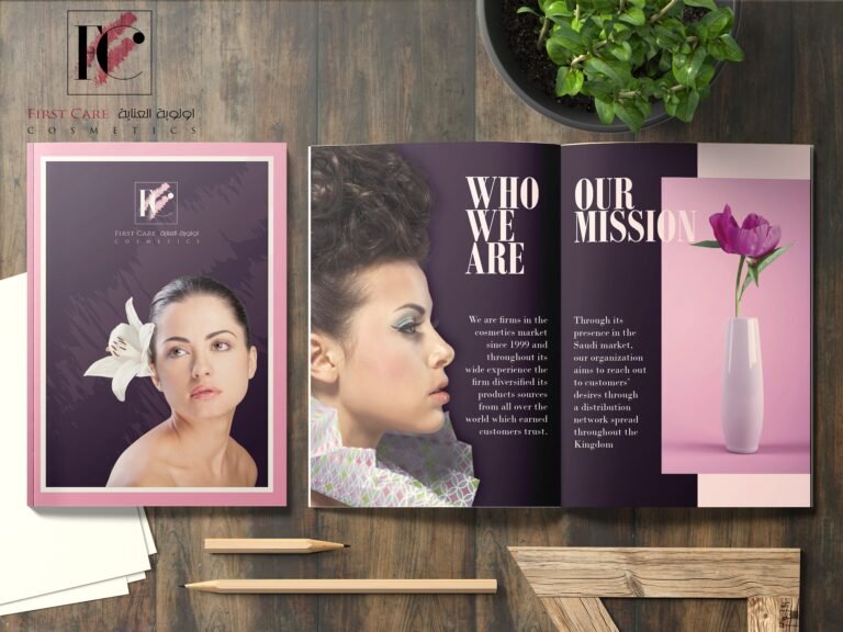 Mockup of a First Care brand brochure featuring a purple color scheme, female portraits, and mission statement spreads.